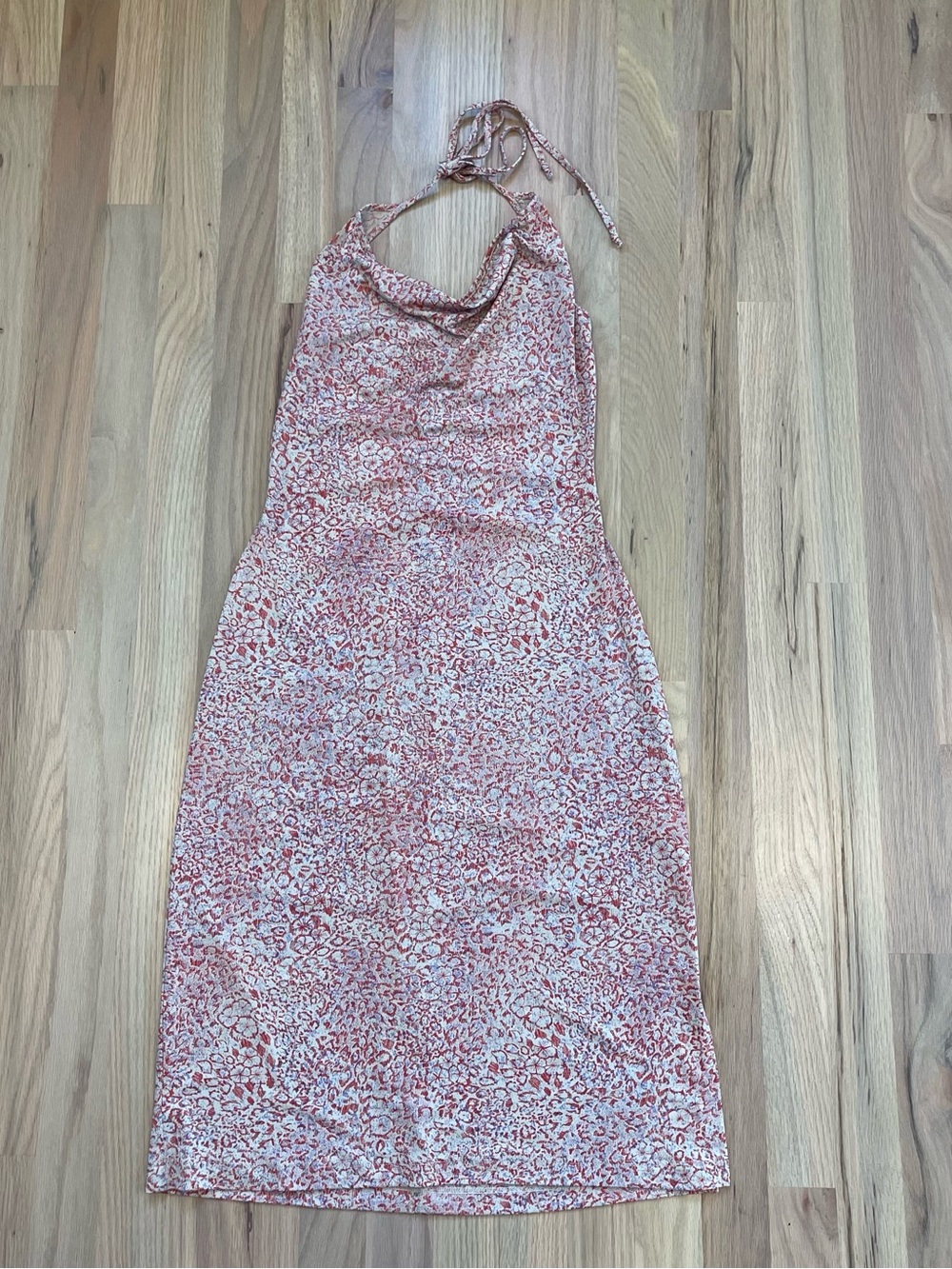Vintage BCBG Dresses Halter Midi Dress Small Red Beige Abstract Print Made USA